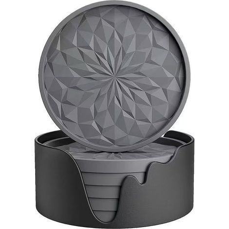 Lot de 6 dessous de verre en silicone avec support, sous-verres pour boissons chaudes ou froides, épais, antidérapant, antidérapant, plateau profond, gris foncé (1/5)