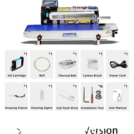 Máquina selladora de bolsas, funcionamiento continuo, sellado vertical, función de impresión de fecha, acero inoxidable. (1/2)