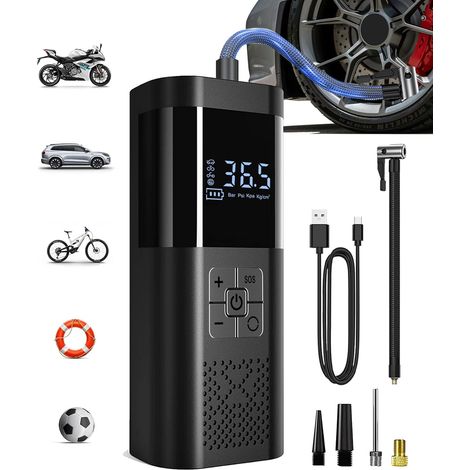Compressore d'aria portatile, gonfiatore per pneumatici senza fili con manometro, gonfiaggio rapido, spegnimento automatico, per auto, biciclette e motociclette, 150 PSI