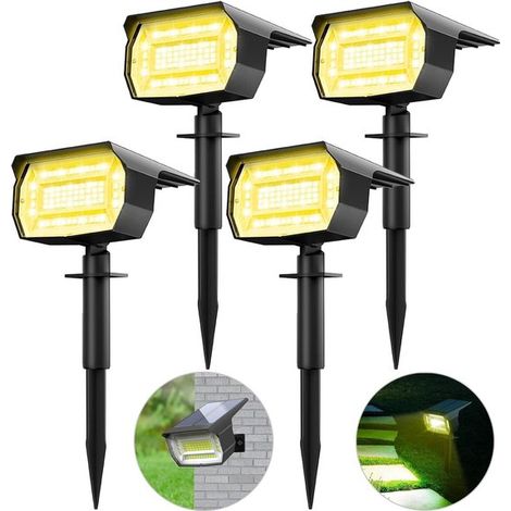 Faretti solari per il giardino, 72 LED, bianco caldo 3000 K, lampada solare a LED, impermeabile, illuminazione solare da giardino, per vialetti, cortili, garage, 4 pezzi [En (1/5)