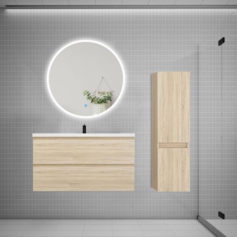 Ensemble meuble vasque L.99cm 2 tiroirs + lavabo + LED miroir rond 90cm + colonne C,chêne