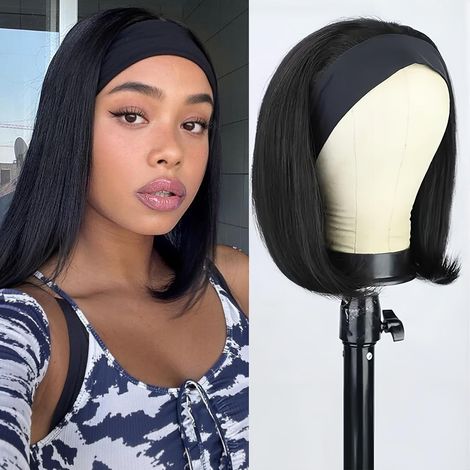 Perruque Bandeau Brève Lisse 14" Noir Perruque Synthétique Sans Colle Perruque Femme Naturelle Bandeau Sans Dentelle Facile À Porter (Noir 14" 1B) (1/5)