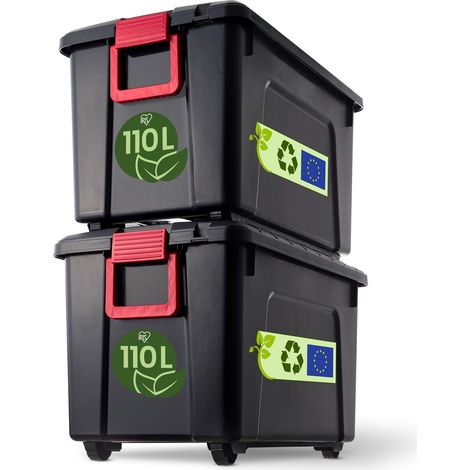 Malle, Boîtes de rangement plastiques, avec couvercle et Cips de fermeture, 110L, Lot de 2, Empilables, Roues, Sans BPA, Grenier, Cabanon, Garage, SIA-110, Noir (1/5)