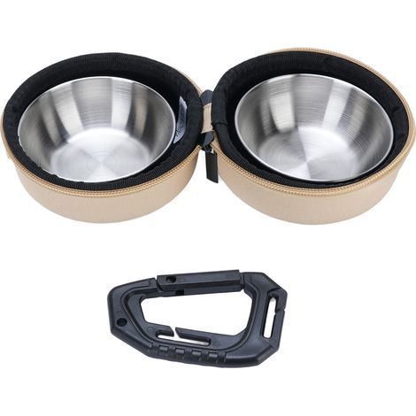 Double collapsible dog bowls, pet food and water bowl, portable stainless steel, with EVA bag and clip for outdoor camping, khaki (1/5)