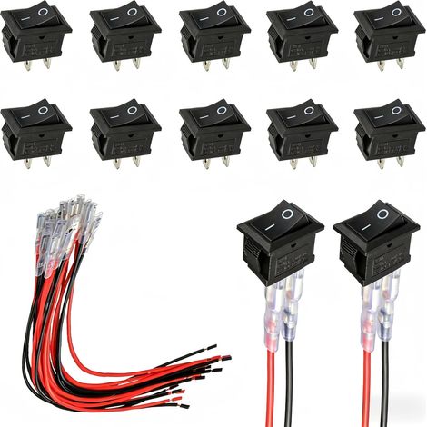 10Pcs Mini Interrupteur à Bascule KCD1 Pré-câblé 15cm, Commutateur SPST ON/OFF 2 Broches Noir, Bouton Poussoir Rectangulaire pour Voiture Auto Bateau Appareils Ménagers 12V 220V AC/DC Installation (1/5)