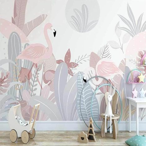 Papier peint tropical flamants roses et feuillage pastel 1 - 150 x 250 cm (1/2)