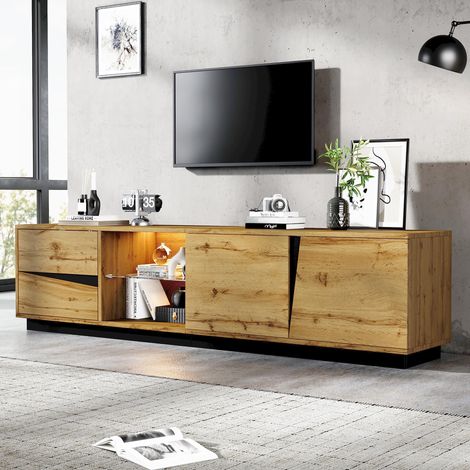 Meuble TV 180×35×45cm avec éclairage LED, meuble TV en MDF avec 2 tiroirs et 2 portes, étagère en verre, compartiment ouvert, design bois et noir, meuble bas de salon avec gestion des câbles (1/5)