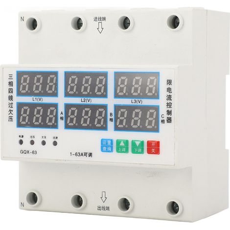 Protecteur de sur/sous-tension triphasé 4 fils, ampèremètre réglable 1A-63A, 140-500V, compteur de tension et courant ajustable (1/5)
