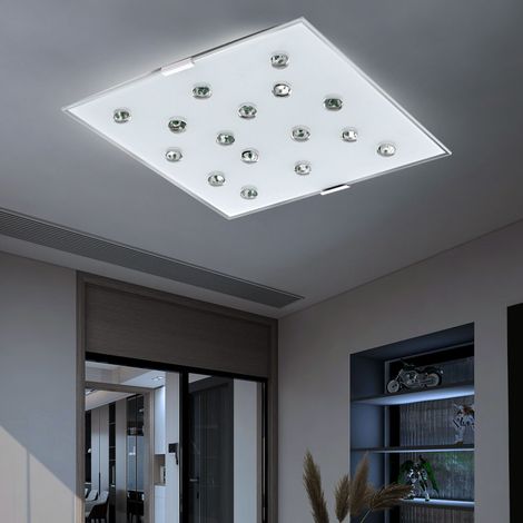 Plafoniera LED soggiorno plafoniera vetro satinato camera da letto plafoniera acciaio bianco, con pietre di vetro trasparente, 1x LED 12W 1020Lm bianco caldo, LxH 29x7,5 cm