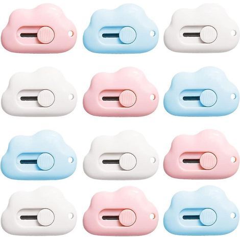 12pcs Box Cutter Ouvrerose, Blanc, Bleu) (forme De Nuage) Lettre Kn Couteau Utilitaire Rtractable Portable Kn Couteau De Papeterie Mini Cutter En (1/5)