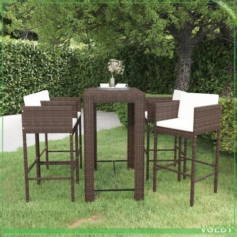 Ensemble bar de jardin - FAFEICY - 3094783 - Résine tressée marron - 1 table + 4 tabourets + coussins - Imperméable (1/5)
