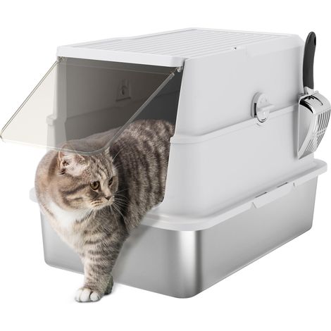 Toilette Pour Chat, Acier Inoxydable, espace intérieur xl, avec Pelle, Gris Clair