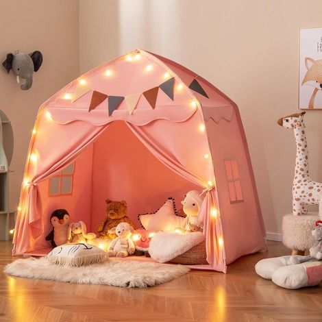 COSTWAY Tenda per Bambini con Luci Fatate e Bandierine, Tenda Casetta da Gioco con 2 Finestre, Tenda Gioco Castello Portatile per Interni ed Esterni, 157 x 98 x 148 cm (Rosa) (1/5)
