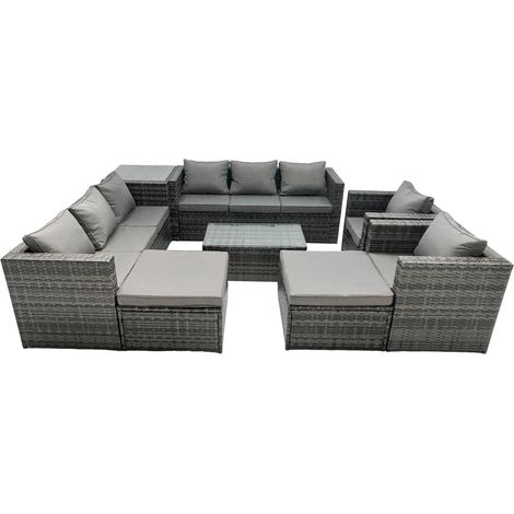 Fimous Rattan Garden Furniture Dining Set 10-seater Patio Coffee Table Sofa Set with 2 Big Stools Side Table Dark Grey Mixed (1/5)