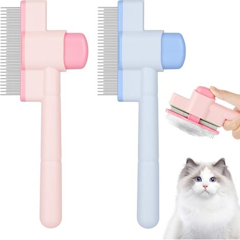 OFFCUP peigne chat autonettoyant, bouton libération, bleu + rose