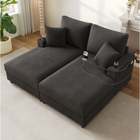 2-Sitzer-Sofa 163x140x82 cm Grau Cord mit USB/USB-C, Getränkehaltern und drehbarer Handyhalterung (1/5)