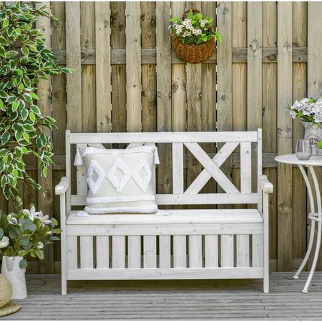 Gartenbank aus Holz in Weiß mit Stauraum, mit Armlehnen und hoher Rückenlehne (1/5)
