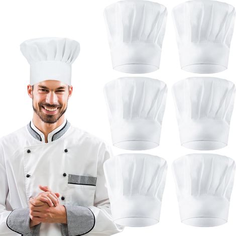 6 Pièces Toque de Cuisinier, Calot Cuisine, Toque de Chef Cuisinier Blanc, Chapeau Cuisine Unisexe Ajustable pour Homme et Femme Enfant pour Restaurants Cuisines Boulangeries Cafés (1/5)