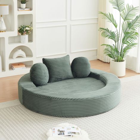 Canapé convertible 1 place 4 en 1, canapé compressé en mousse, modulable en sofa semi-circulaire et lit rond, 3 coussins, velours côtelé vert (1/5)