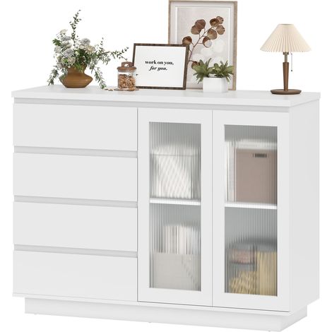 Weißes Sideboard mit 4 Schubladen und 2 Glastüren, verstellbarem Einlegeboden, 120 x 40 x 91 cm