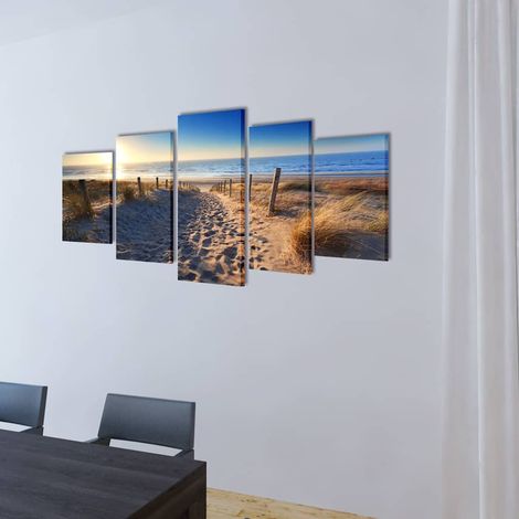 Toiles Murales Imprimées Tableau Décoratif Salon Plage de Sable Cadre en Bois Set de 5 Pièces (1/3)