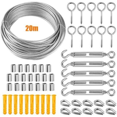 Kit de fixation d'auvent, Kit de matériel de voile d'ombrage avec câble métallique de 20 m, Kit de fixation de voile d'ombrage en acier inoxydable pour jardin (1/5)