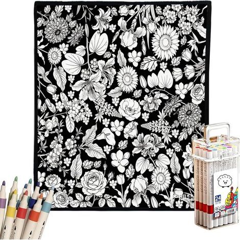 Couverture à colorier - Kit de coloriage à faire soi-même - Jeté décoratif - Motif floral - Comprend 24 feutres - 150 x 125 cm - Idéal pour chambres, salons, bureaux ou salles d'étude - Noir et blanc (1/5)