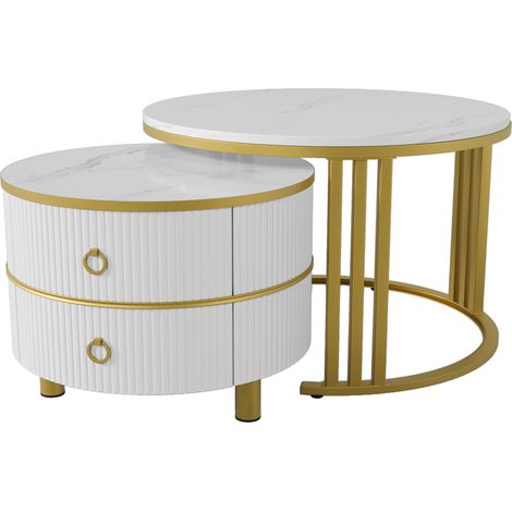 Juego de 2 mesas de centro redondas de MDF blanco brillante con 2 cajones, 70/50 cm (1/5)