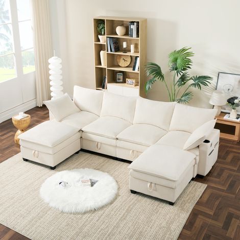 Canapé d'angle modulable 6 places 280x151 cm avec 2 poufs, rangements intégrés, USB et porte-gobelets - Velours côtelé Beige (1/5)