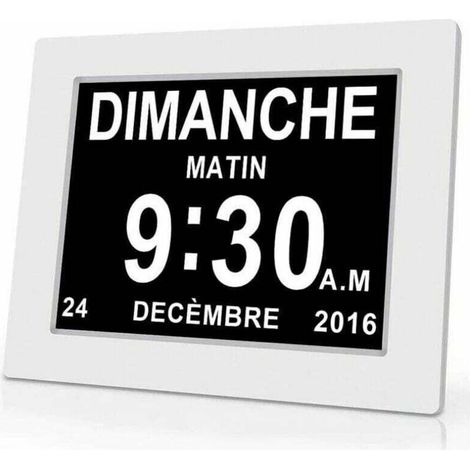 7-Zoll-Digitaluhr mit Datums- und Zeitanzeige – Gut lesbares Display für Alzheimer-Patienten – Medikamentenerinnerung – Weißer Kunststoff – 204 x 143 x 24 mm