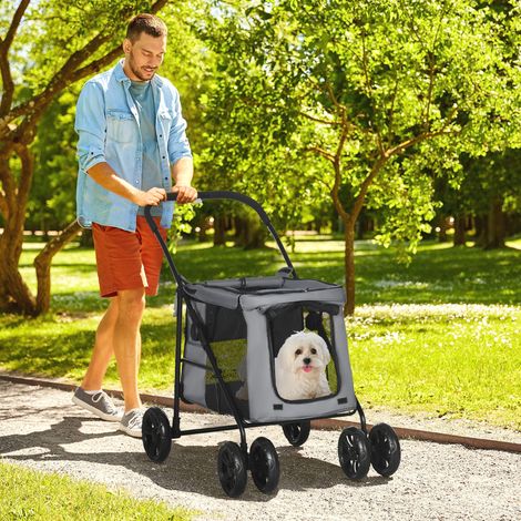 Chariot pour chien avec coussin, 3 poches latérales, pliable, dimensions : 102 cm x 62 cm x 105 cm, gris