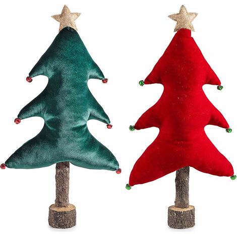 Albero di Natale decorativo in morbida stoffa con stella effetto scintillante, campanelle e base a tronchetto, set da 2 pezzi, cm 30 x 9 x 52 H