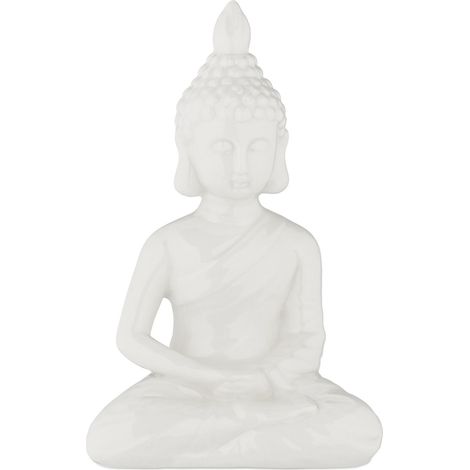 Relaxdays Buddha Figur sitzend, 18 cm hoch, Garten-Dekofigur, wetterfest & frostsicher, Dekoskulptur Wohnzimmer, weiß (1/5)