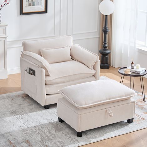 Divano a 1 posto, divano reclinabile semplice con panca contenitore, poltrona per soggiorno/camera da letto, ciniglia, beige