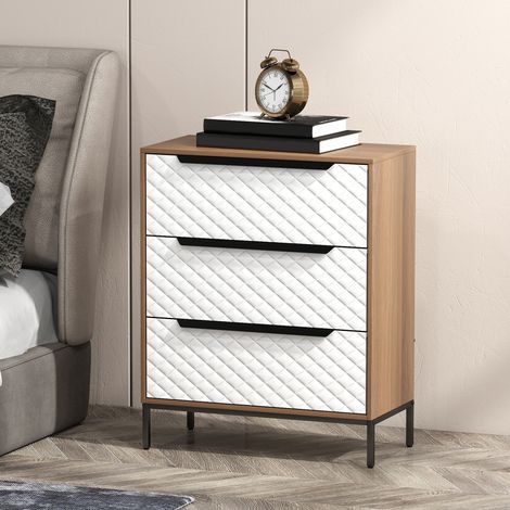 Kommode mit 3 Stoffschubladen, Fronten mit Rautenmuster, für Wohnzimmer, Büro, Ankleidezimmer, Natur und Weiß