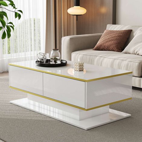 Table basse LED moderne blanche brillante 100x50 cm avec 3 tiroirs, éclairage USB, décoration dorée et rangement pour salon (1/5)
