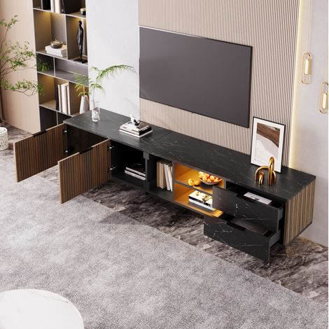 TV-Schrank 200x38x50 cm schwarz in MDF mit Holzoptik, LED-Beleuchtung und 2 Türen 2 Schubladen (1/5)