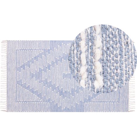 Alfombra de algodón azul blanco crema 80 x 150 cm geométrico tribal borlas Ansar (1/5)