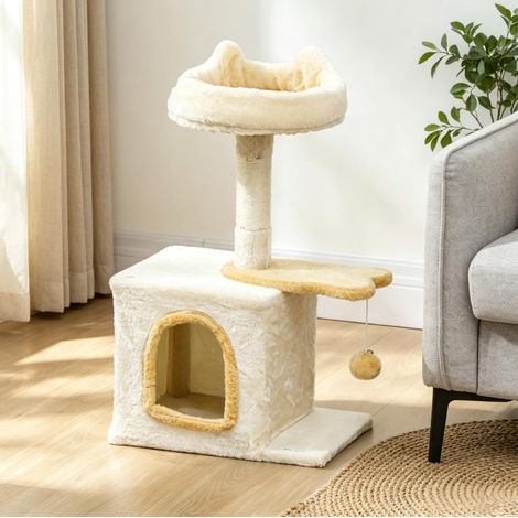 Tiragraffi 72 cm con cuccia in peluche, trespolo, piattaforma a pesce e palo in sisal (1/5)