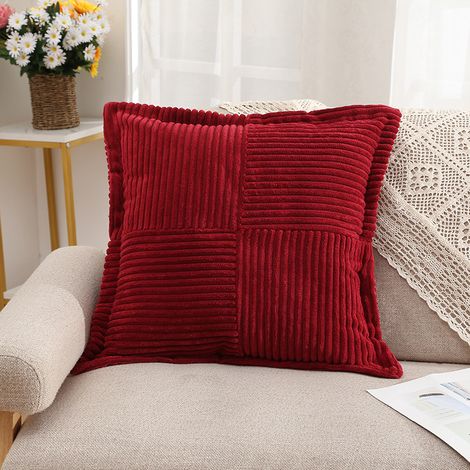 Housse Coussins avec Fermeture Eclair Invisible, Velours Côtelé Doux Coussin pour Décoration Salon Chambre Enfant, Lot de 2 Motif à Rayures Croisés, 45x45cm, Rouge