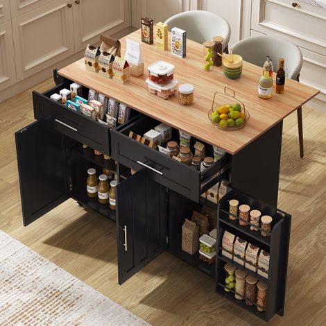 Kücheninsel / Sideboard 129/71/91,5 cm Schwarz und Natur mit Klappplatte und Stauraum (1/5)