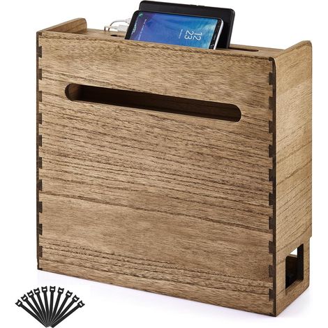 Boîte routeur WiFi en Bois, Cache Box Internet, Brun foncé 41 × 14 × 40 cm 3 niveaux pour alimentation, multiprise et câbles paulownia massif, huile végétale, livré monté. (1/5)