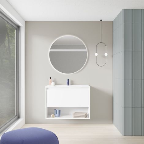 Meuble salle de bain suspendu NIWA blanc brillant 80 cm Miroir non inclus (1/4)