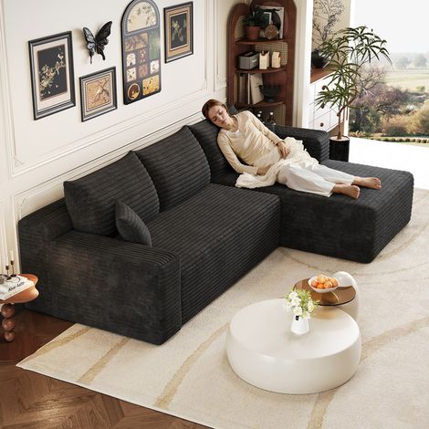 Canapé d'angle en L 241 cm, canapé 3 places en velours côtelé, canapé convertible modulable,méridienne à droite,Noir