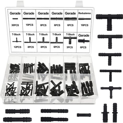 Assortiment de 113 raccords de tuyau noirs : kit de raccord de tuyau noir Connecteur en T de raccord de tuyau Kit de réduction Accessoires pour raccord de tuyau d'arrosage facile (1/5)