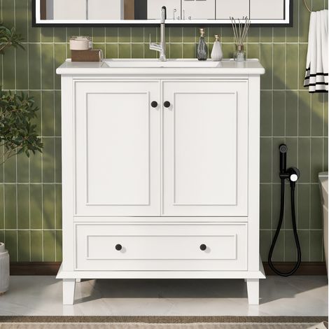 OKWISH Badmöbel stehend 76x46x87 cm Weiß mit integriertem Keramikwaschbecken (1/5)