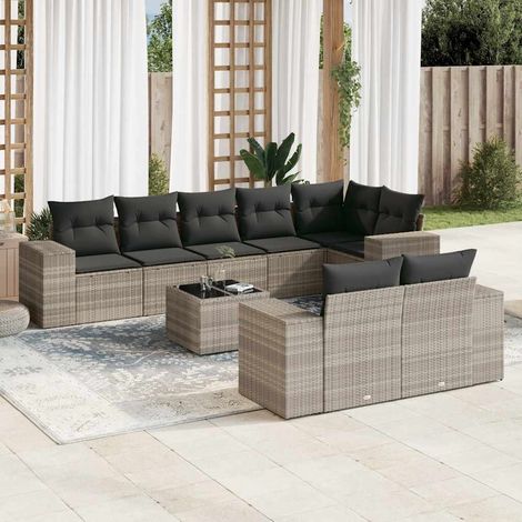 Set muebles jardín 9 pzas y cojines ratán sintético gris claro vidaXL (1/5)
