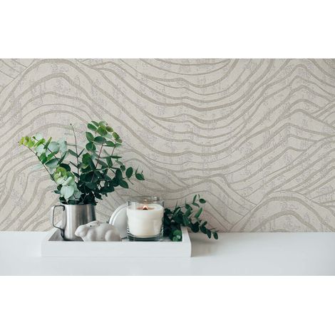 Papier peint intissé à motifs de vagues beige & crème Tapisserie graphique métallique Papier peint moderne idéal salon & chambre (1/4)