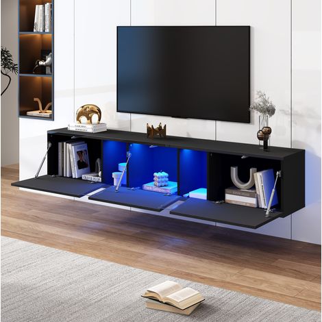 Mueble TV 180x35x30 cm negro de aglomerado y acrilico, 3 puertas con LED (1/5)