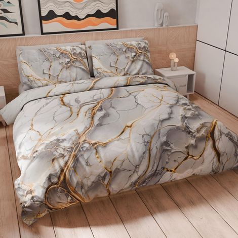 Housse de Couette 2 Places 250x200 cm 2 Taies 50x80 cm Incluses, Parure en Microfibre Imprimée Marbre Gris (1/5)